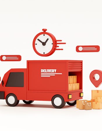 Red delivery car deliver express Shipping fast delivery truck and Pin pointer mark location and cardboard boxes with bubble chat message and clock delivery transportation logistics concept on white background 3d rendering illustration
